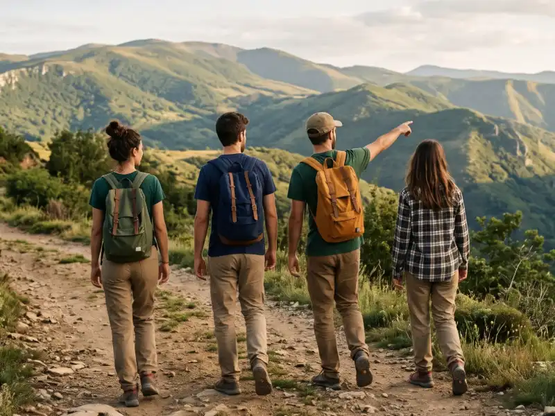 Foto: amigos caminhando juntos numa trilha de terra, de costas