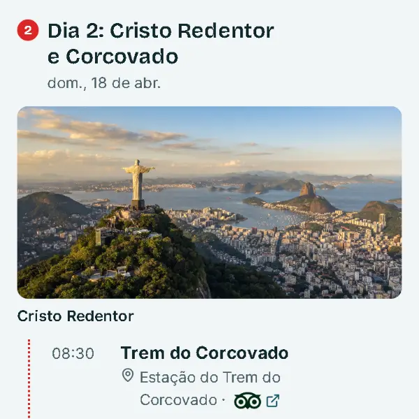Captura do roteiro final do plano grátis da viagem inventada “Família no Rio no feriado de Tiradentes”: o dia 2, “Cristo Redentor e Corcovado”, com a imagem do Cristo Redentor e os horários do Trem do Corcovado, do Cristo e do Parque Lage.